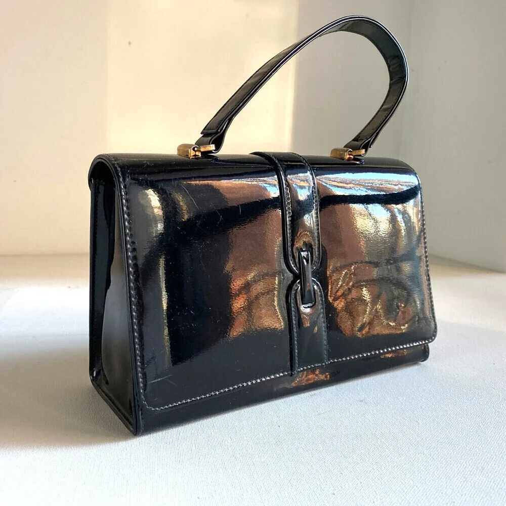 Vintage Black Paten Leather Small Box Structured Top Handle Bag